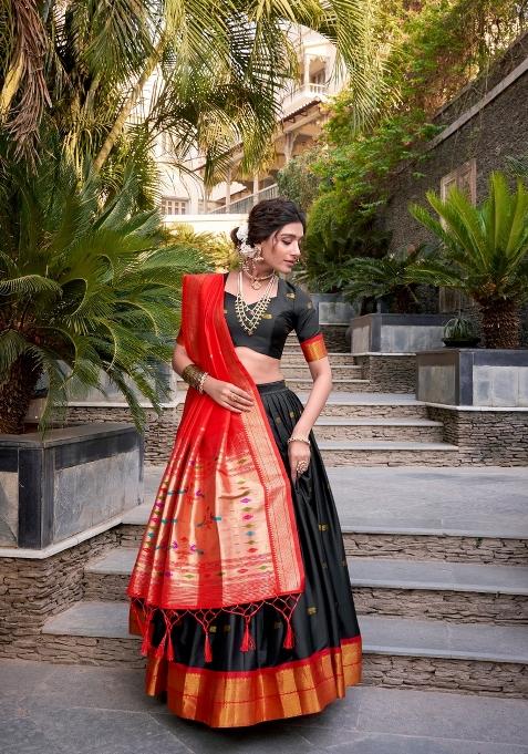 Black Zari Work Silk Blend Lehenga Set