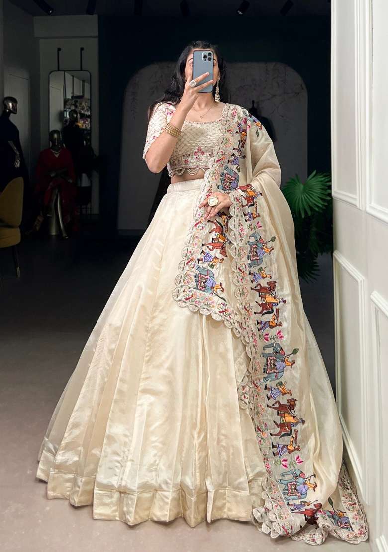 Off White Plain Raspberry Lehenga Set for Diwali and Festive Wear - Indya