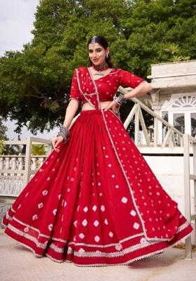 Red Lace Work Chanderi&nbsp; Lehenga Set