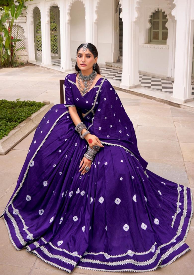 Purple Lace Work Chanderi&nbsp; Lehenga Set - Indya