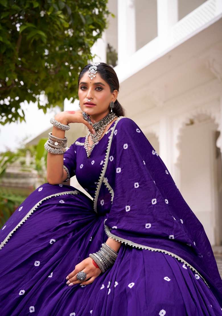 Purple Lace Work Chanderi&nbsp; Lehenga Set - Indya