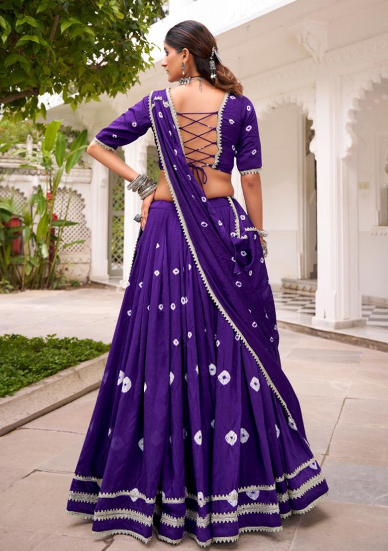 Purple Lace Work Chanderi&nbsp; Lehenga Set - Indya