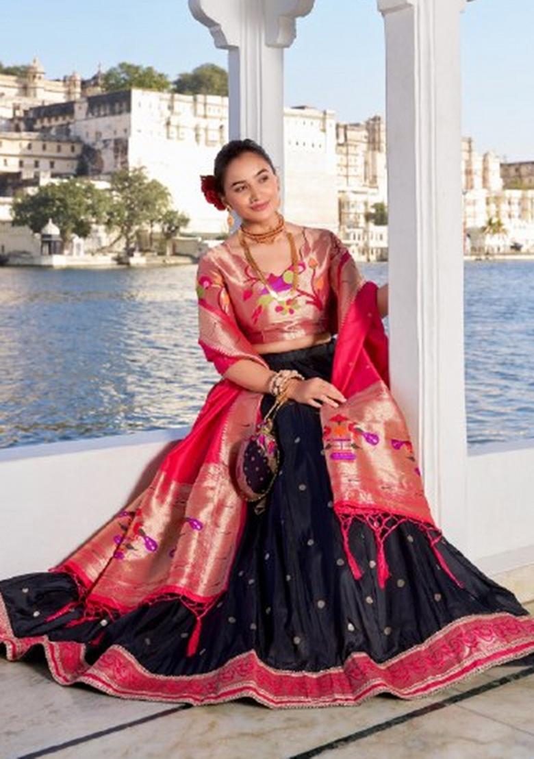 Black Lace Work Silk Blend Lehenga Set - Indya