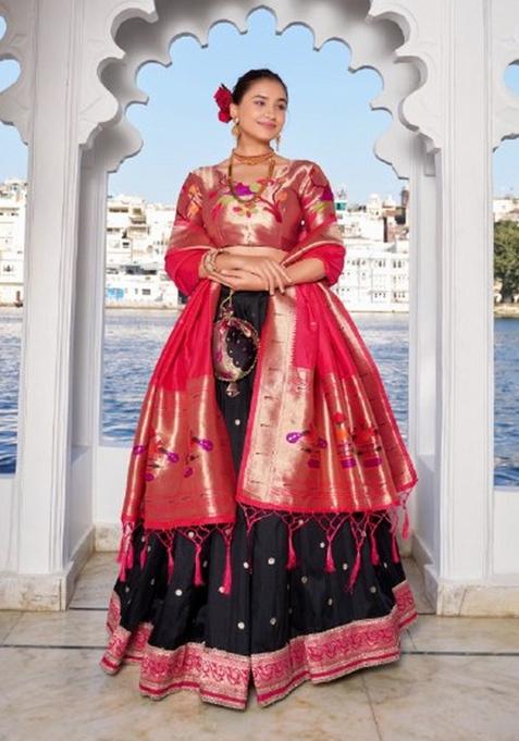Black Lace Work Silk Blend Lehenga Set