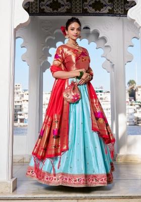 Blue Lace Work Silk Blend Lehenga Set