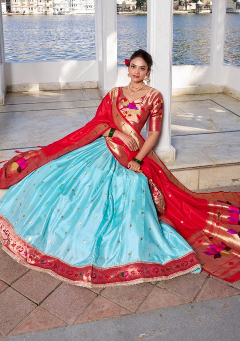 Blue Lace Work Silk Blend Lehenga Set - Indya