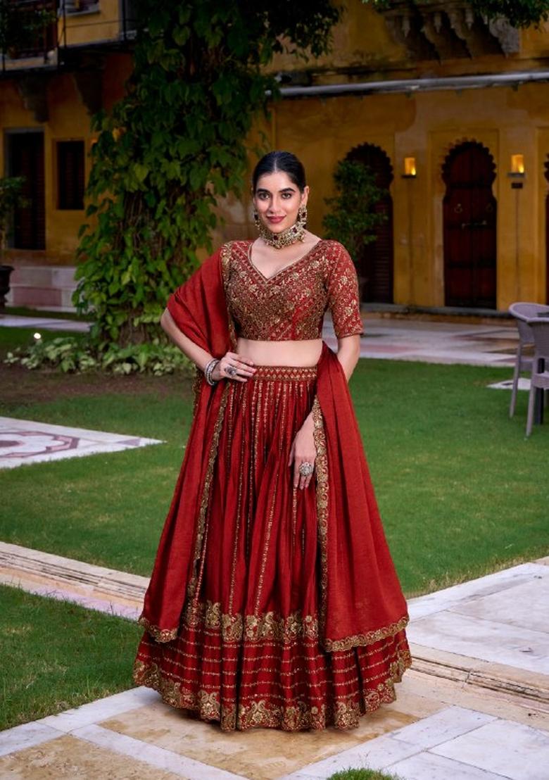 Orange Sequin Work Rangoli Lehenga Set - Indya