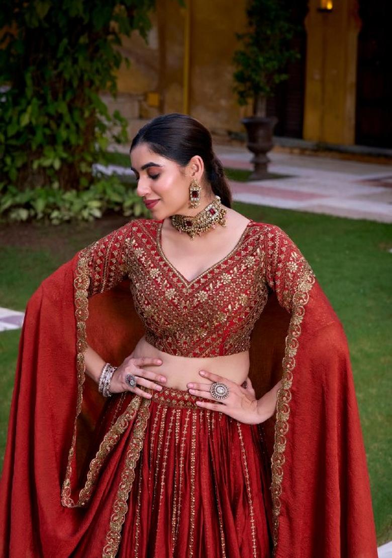 Orange Sequin Work Rangoli Lehenga Set - Indya