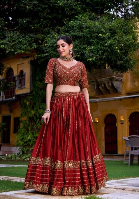 Orange Sequin Work Rangoli Lehenga Set
