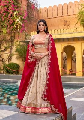 Off White Zari Work Slub Kota Lehenga Set