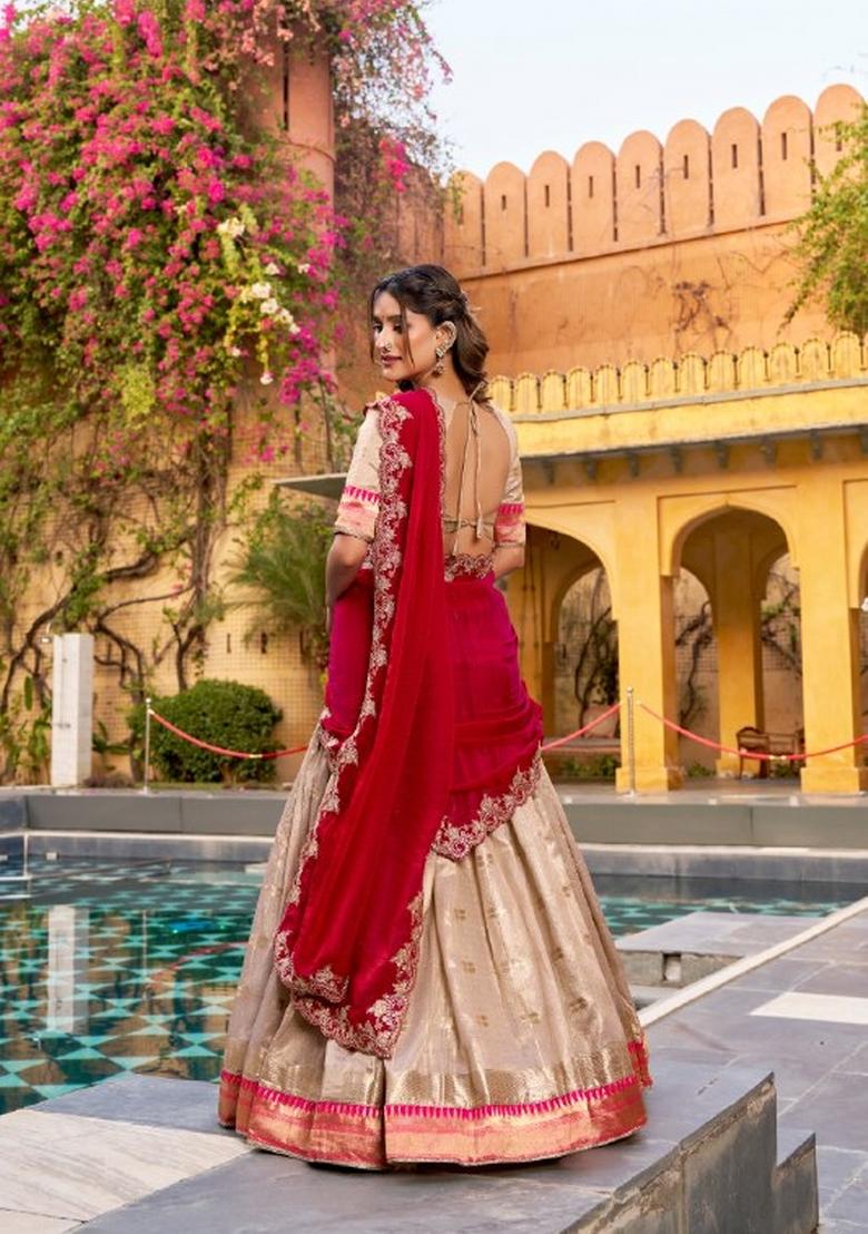 Off White Zari Work Slub Kota Lehenga Set - Indya