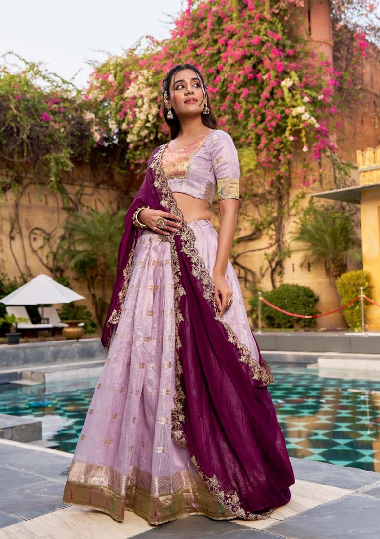 Pink Zari Work Slub Kota Lehenga Set - Indya