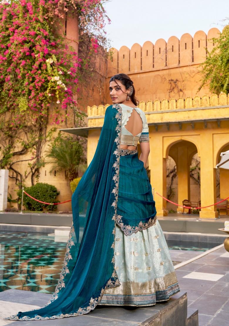 Blue Zari Work Slub Kota Lehenga Set - Indya