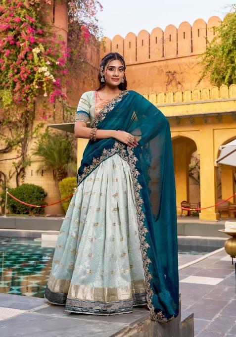 Blue Zari Work Slub Kota Lehenga Set