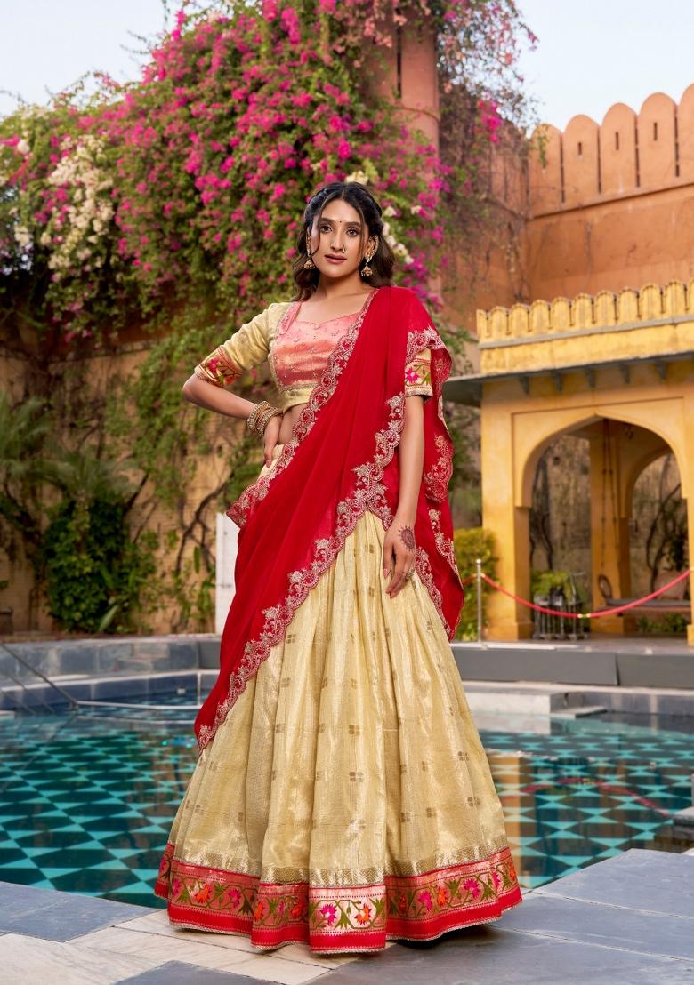 Yellow Zari Work Slub Kota Lehenga Set - Indya