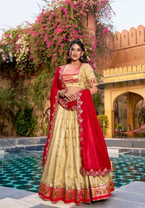 Yellow Zari Work Slub Kota Lehenga Set