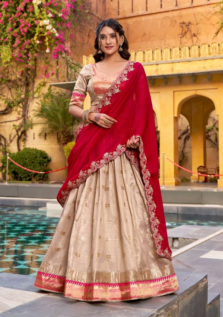 Beige Slub Kota Lehenga Set with Zari Work for Diwali | Wedding & Festive Wear - Indya