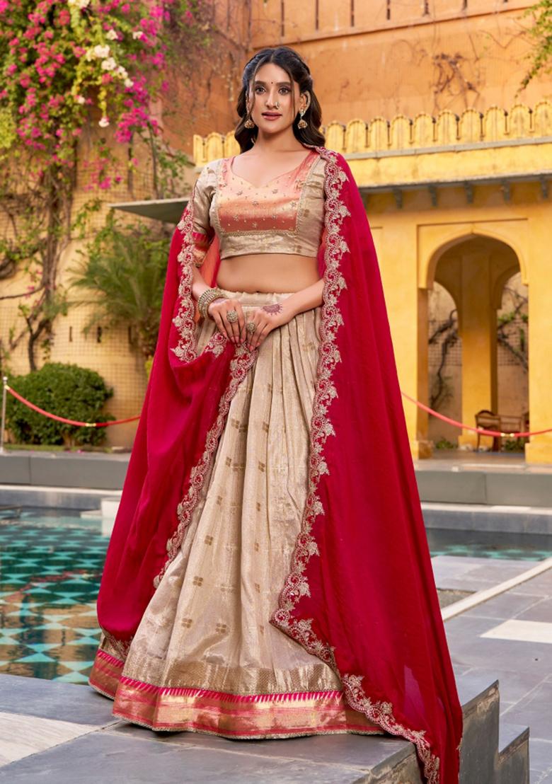 Beige Zari Work Slub Kota Lehenga Set - Indya