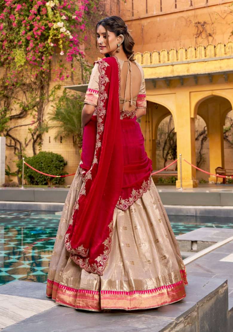 Beige Slub Kota Lehenga Set with Zari Work for Diwali | Wedding & Festive Wear - Indya