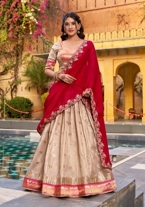 Beige Zari Work Slub Kota Lehenga Set