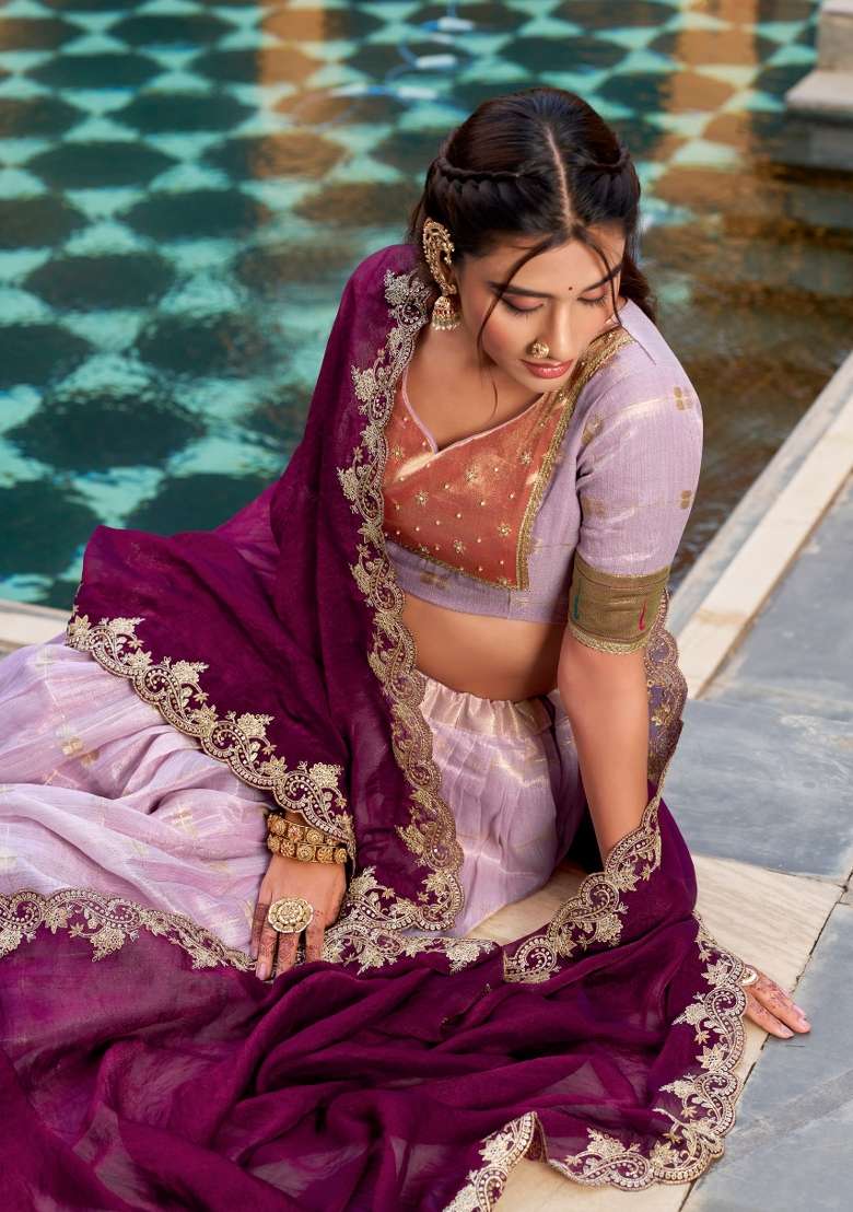Purple Slub Kota Lehenga Set with Zari Work for Diwali | Wedding & Festive Wear - Indya