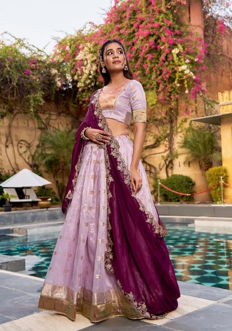Purple Zari Work Slub Kota Lehenga Set