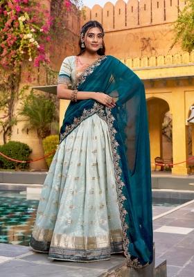 Blue Zari Work Slub Kota Lehenga Set