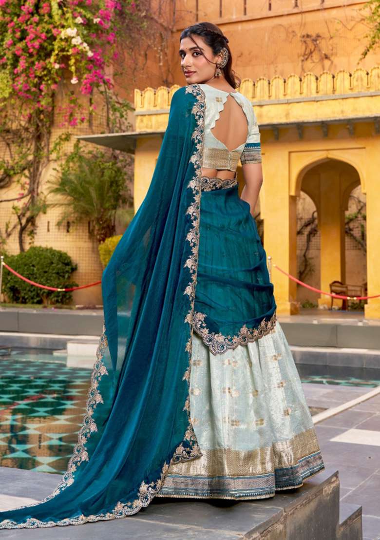 Blue Slub Kota Lehenga Set with Zari Work for Diwali | Wedding & Festive Wear - Indya