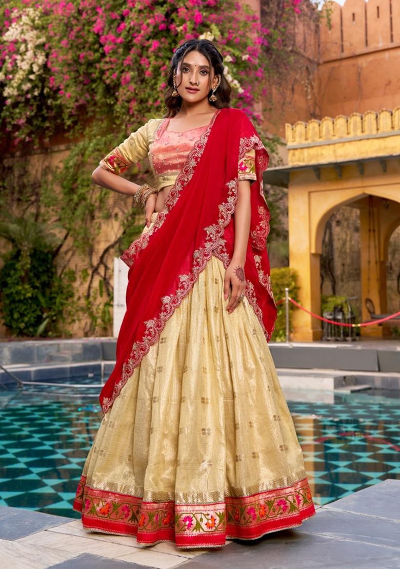 Yellow Zari Work Slub Kota Lehenga Set - Indya