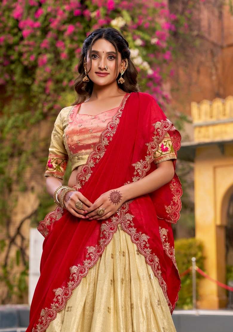 Yellow Zari Work Slub Kota Lehenga Set for Diwali and Festive Wear - Indya