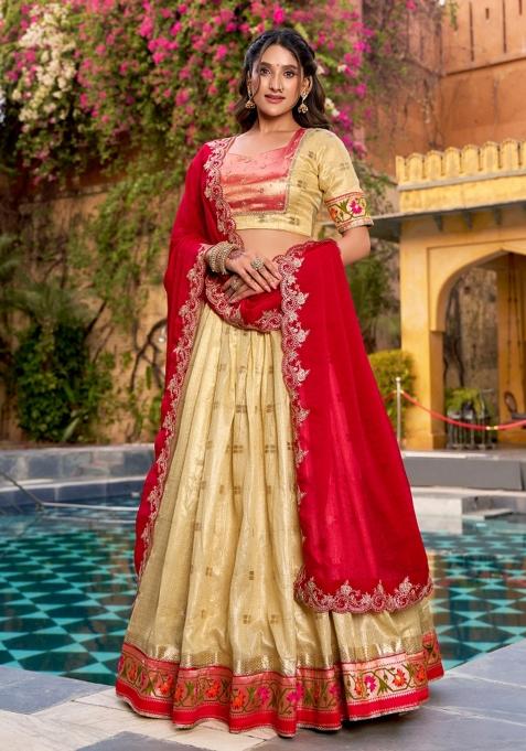 Yellow Zari Work Slub Kota Lehenga Set