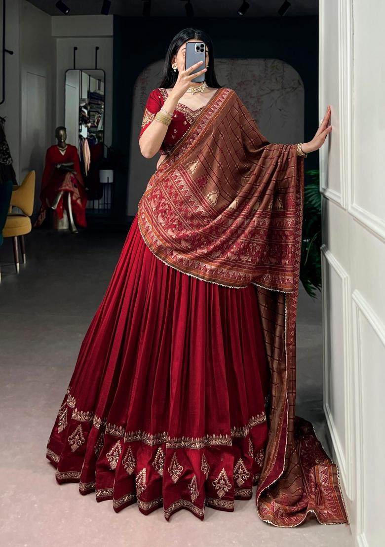 Maroon Sequin Work Silk Blend Lehenga Set - Indya