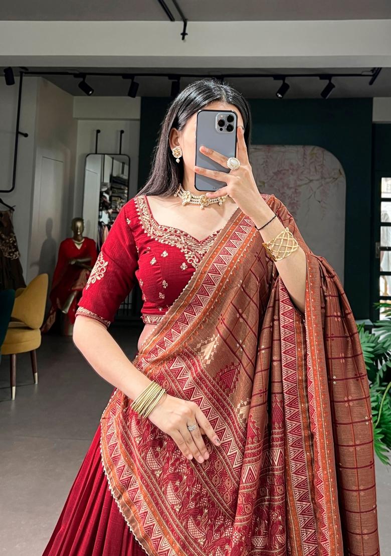 Maroon Sequin Work Silk Blend Lehenga Set - Indya