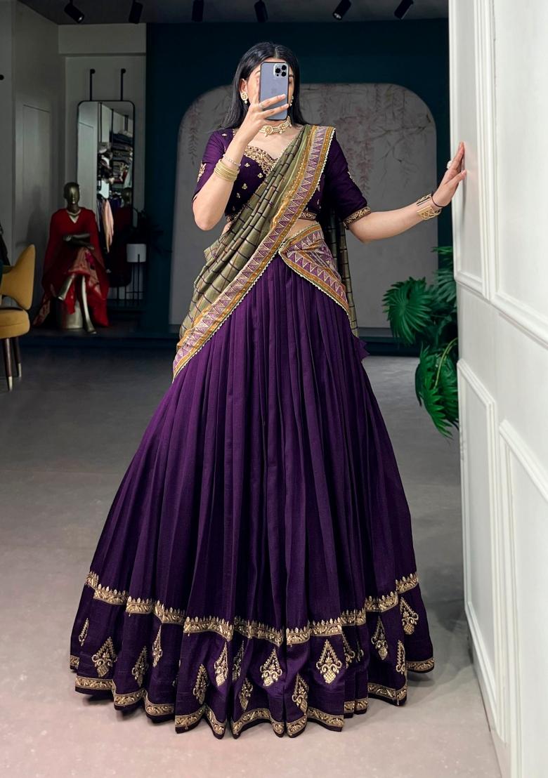 Purple Lace Work Silk Blend Lehenga Set - Indya