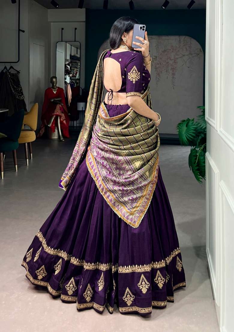 Purple Lace Work Silk Blend Lehenga Set for Diwali | Wedding & Festive Wear - Indya