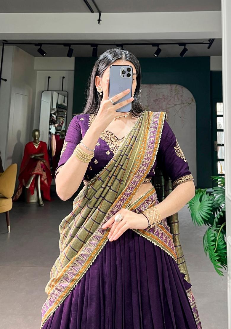 Purple Lace Work Silk Blend Lehenga Set - Indya