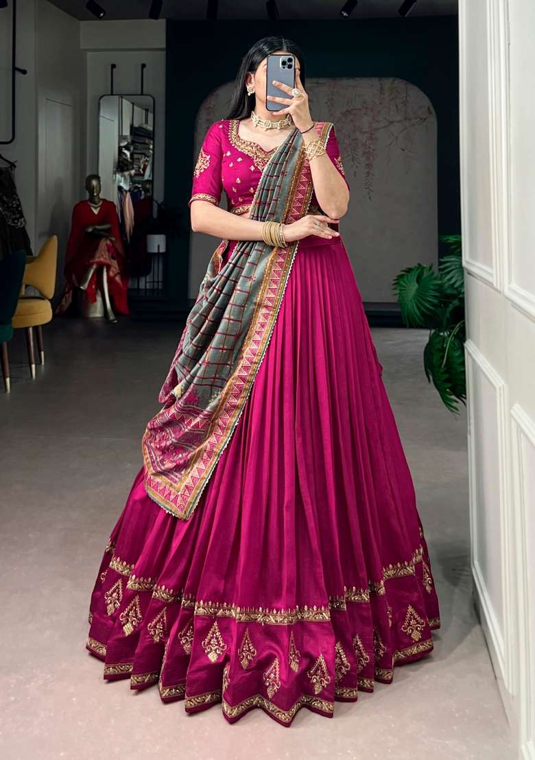 Pink Lace Work Silk Blend Lehenga Set for Diwali | Wedding & Festive Wear - Indya