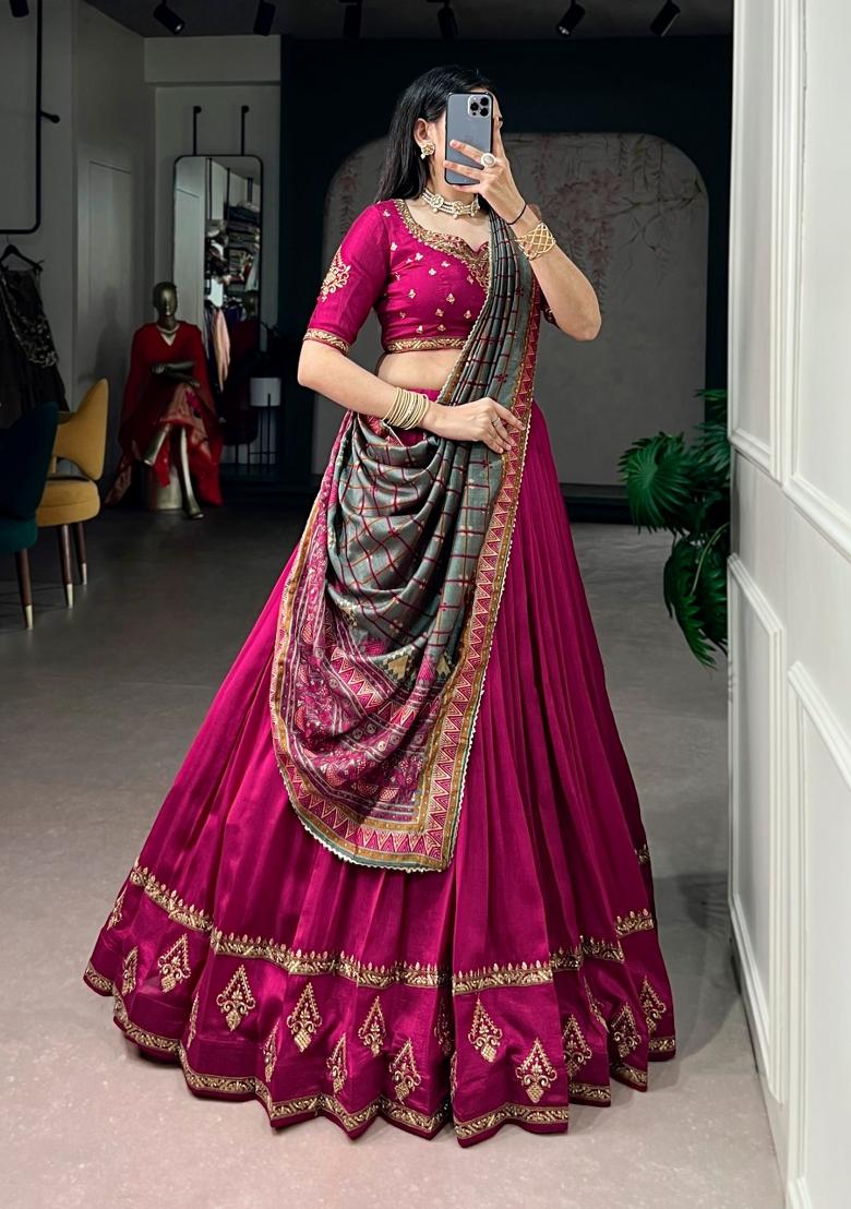 Pink Lace Work Silk Blend Lehenga Set - Indya