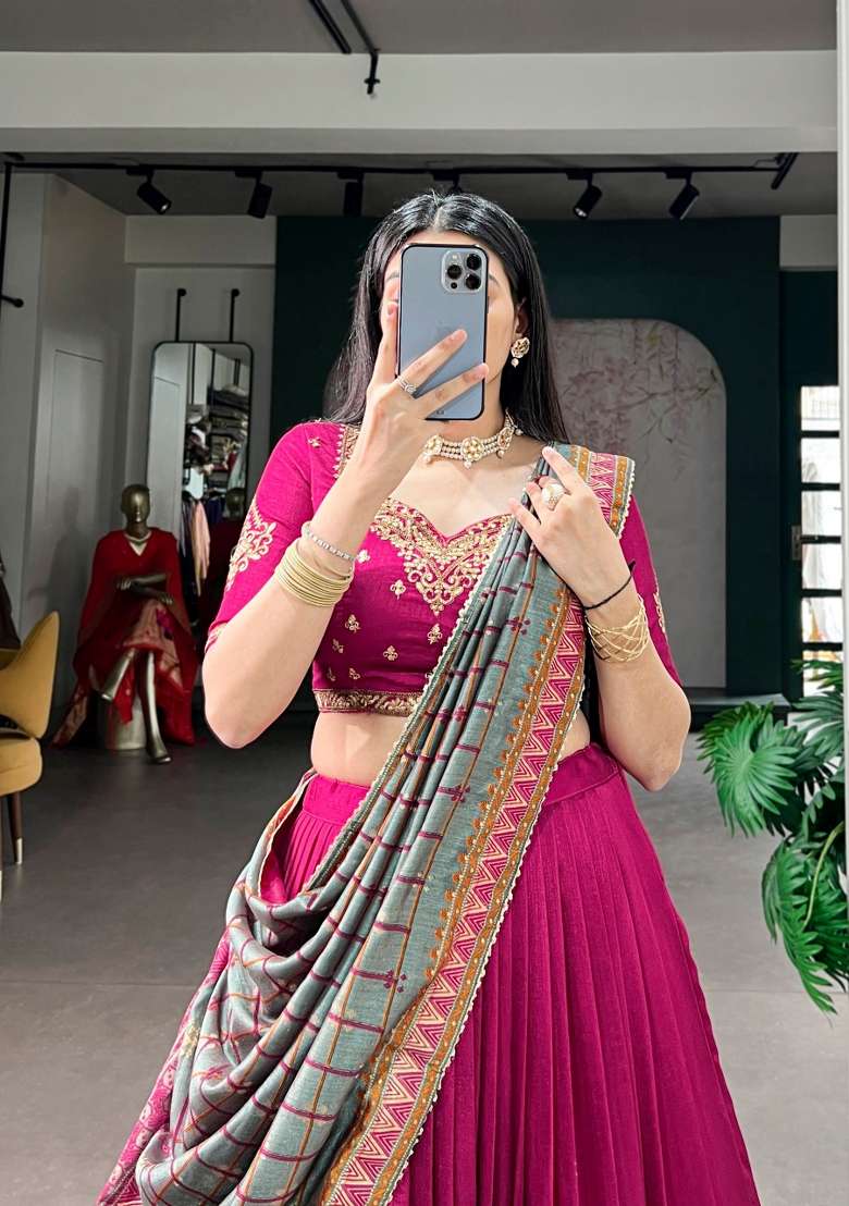 Pink Lace Work Silk Blend Lehenga Set for Diwali | Wedding & Festive Wear - Indya