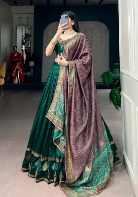 Green Lace Work Silk Blend Lehenga Set