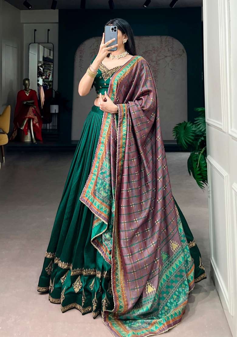 Green Lace Work Silk Blend Lehenga Set for Diwali | Wedding & Festive Wear - Indya