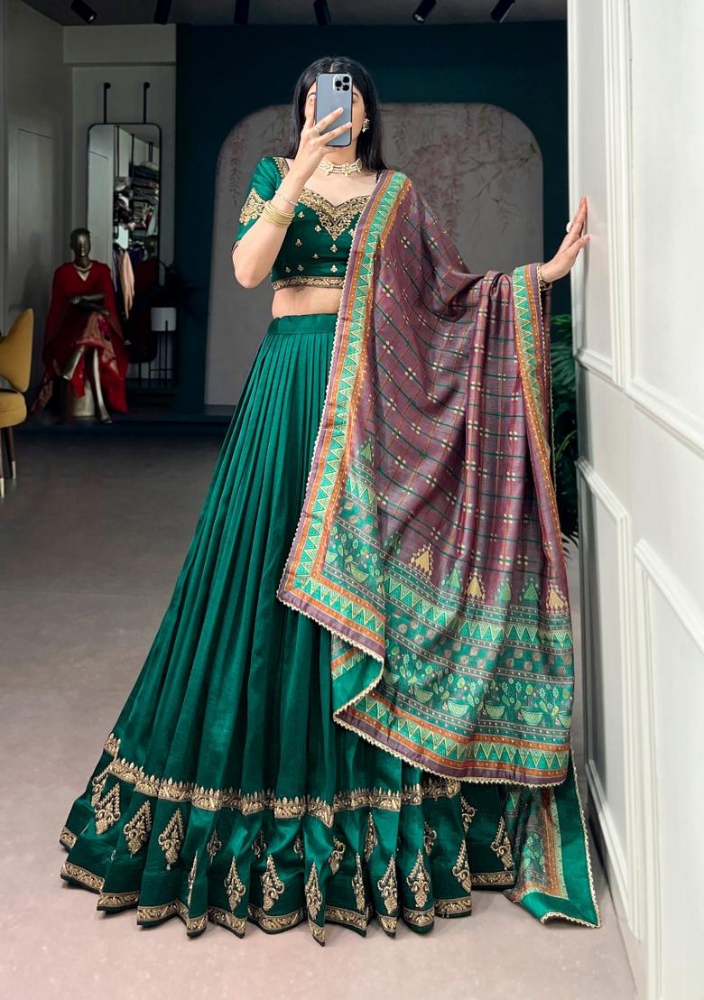 Green Lace Work Silk Blend Lehenga Set - Indya