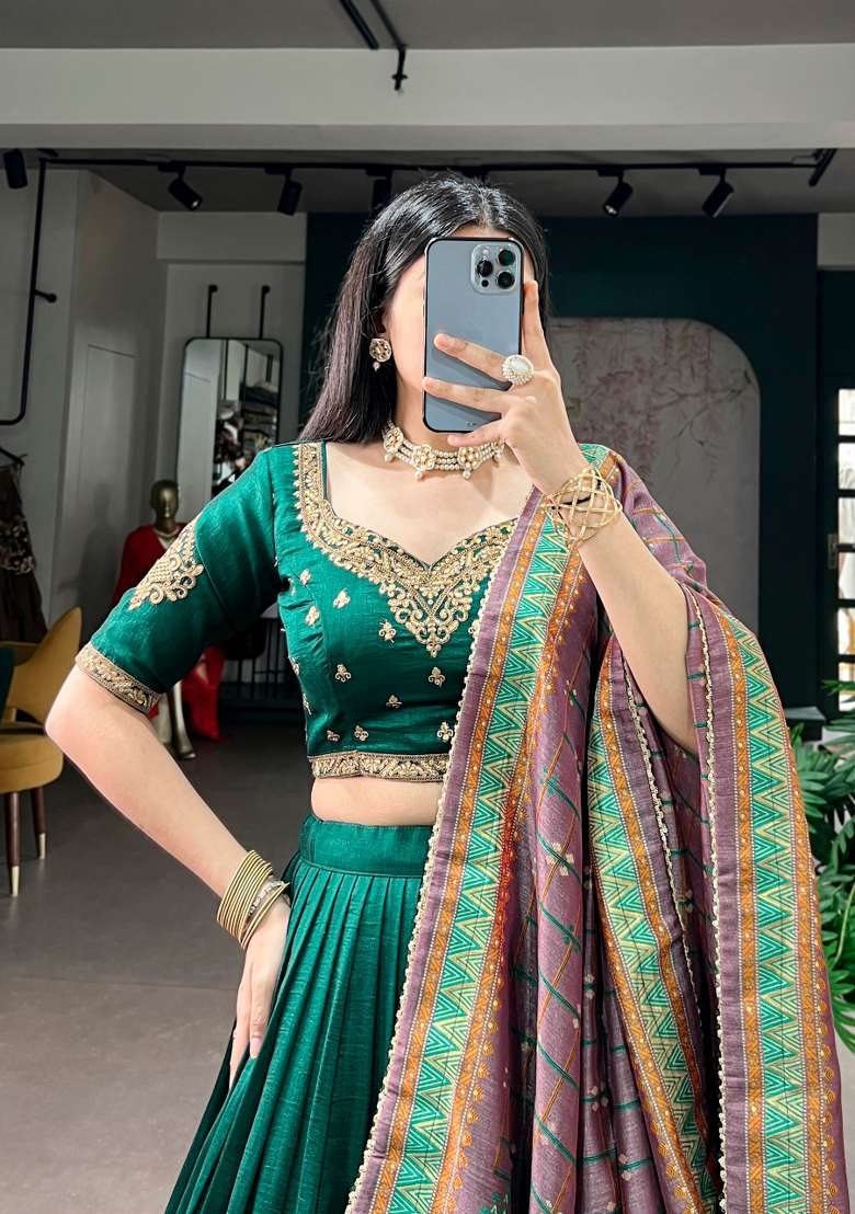 Green Lace Work Silk Blend Lehenga Set for Diwali | Wedding & Festive Wear - Indya