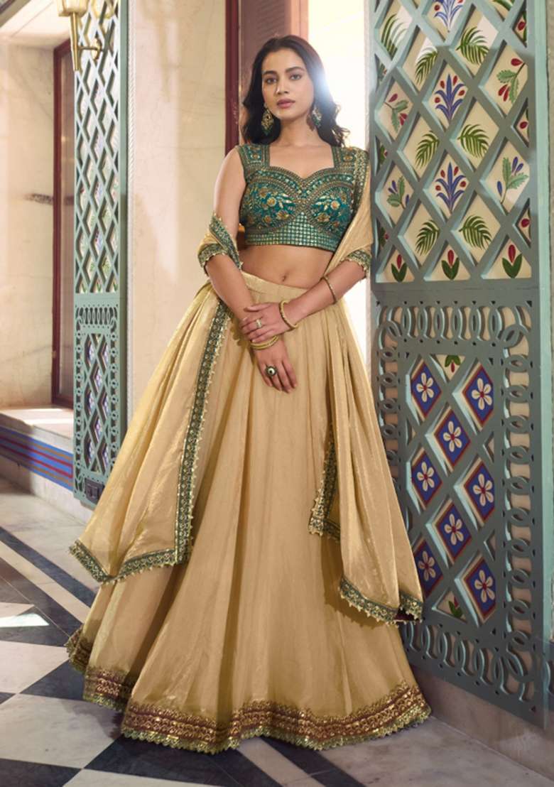 Cream Lace Work Fendi Lehenga Set for Diwali | Wedding & Festive Wear - Indya