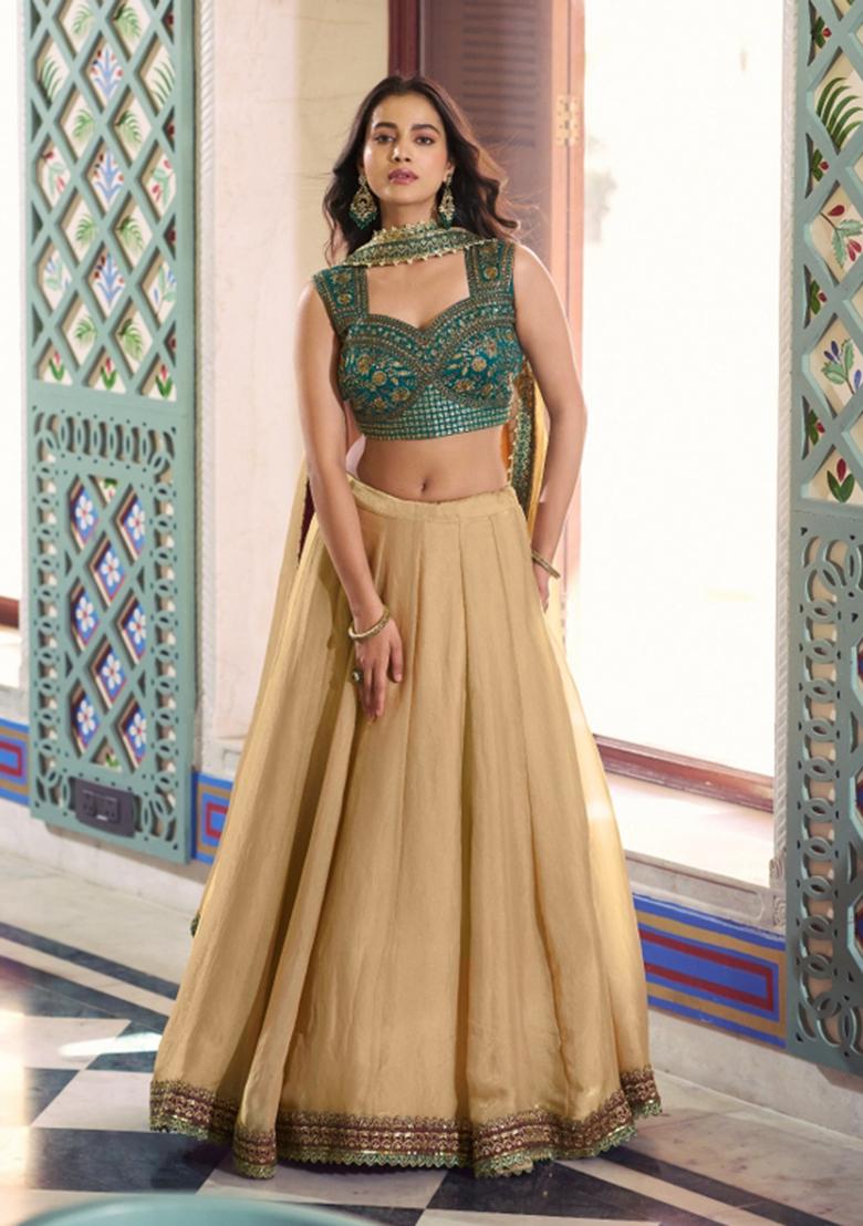 Cream Lace Work Fendi Lehenga Set - Indya