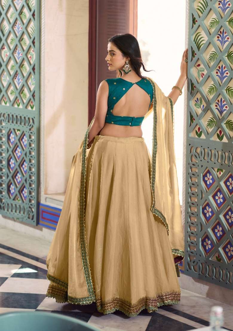 Cream Lace Work Fendi Lehenga Set for Diwali | Wedding & Festive Wear - Indya