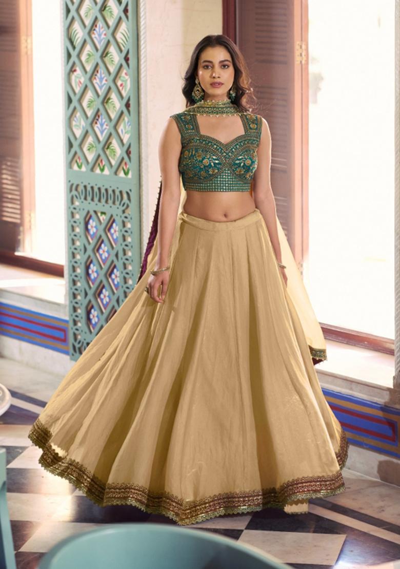 Cream Lace Work Fendi Lehenga Set - Indya