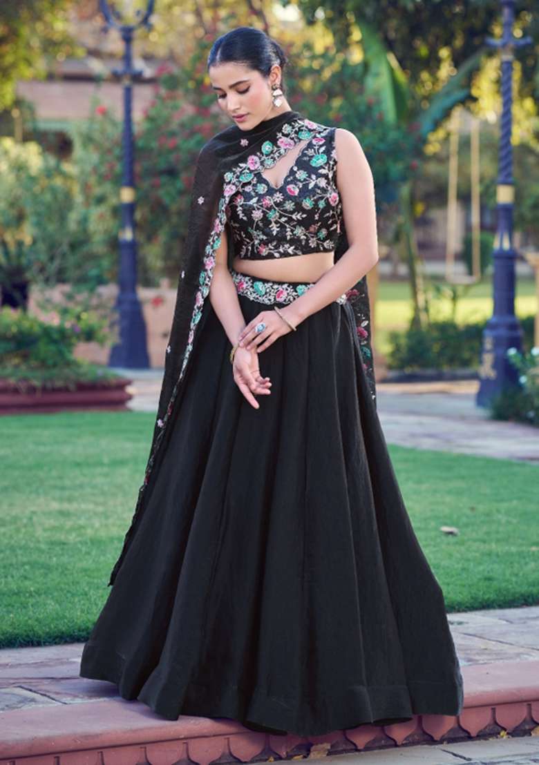 Black Work Silk Blend Lehenga Set with Sequin for Diwali | Wedding & Festive Wear - Indya
