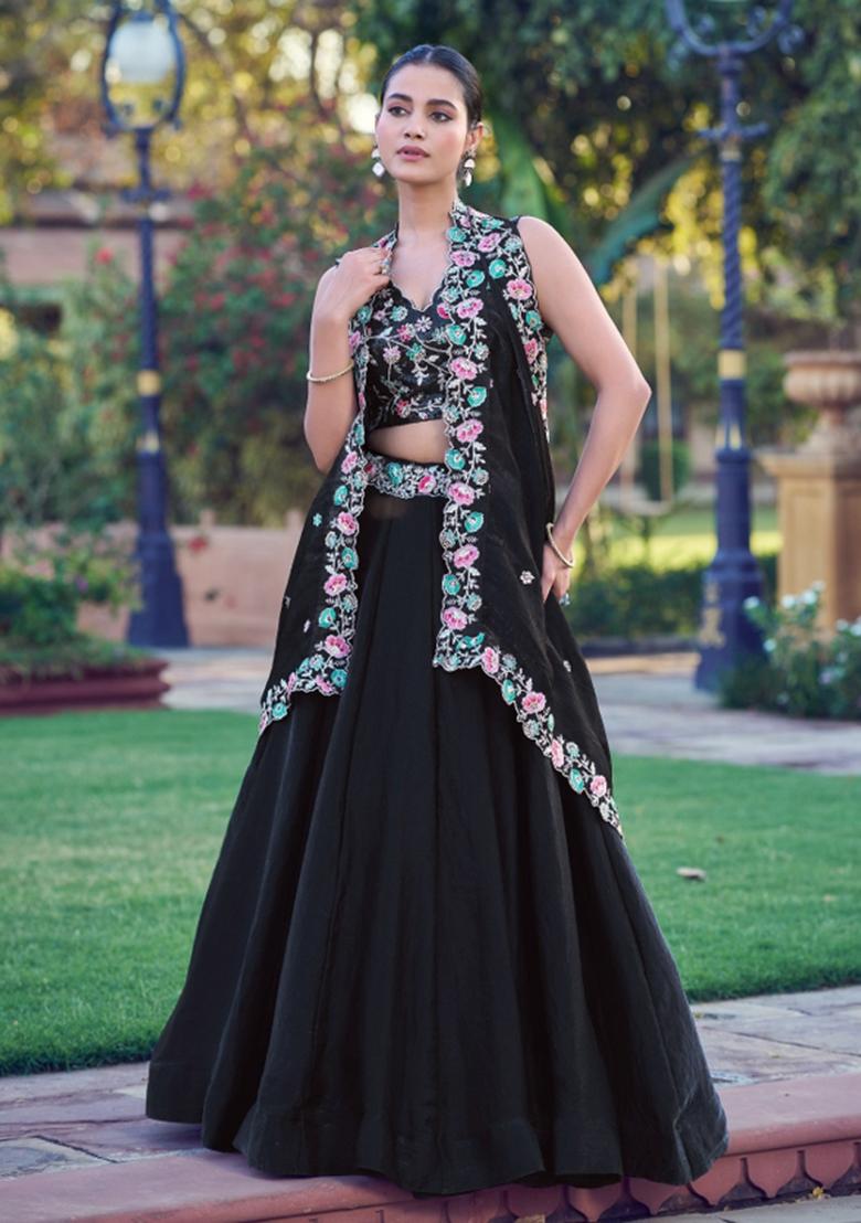 Black Sequin Work Silk Blend Lehenga Set - Indya