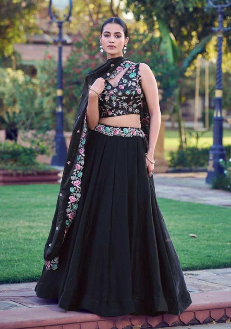 Black Sequin Work Silk Blend Lehenga Set - Indya